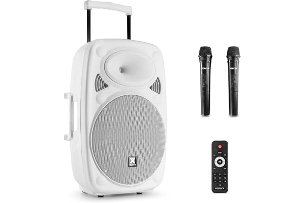 Vonyx Verve46 Enceinte Sono Portable 1000W, Enceinte Bluetooth Puissante, 2 Micros sans Fil UHF, Poignées et roulettes de Transport, Idéale pour Vos Evénements, Karaoké, Fêtes en Extérieur