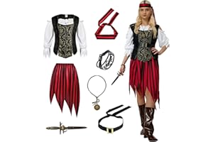 WELLCHY Costume Pirata Donna, Vestito Pirata Donna, Set di Abiti Pirata Adulto con Top da Pirata, Gonna, Fascia da Pirata, Cintura, Collana, Bracciale per Halloween e Carnevale