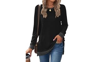 Famulily Ladies Longline Tops Color Block Jumper Sweatshirt Round Neck Long Sleeved Cotton T Shirts with Pockets