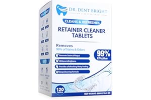 DR. DENT BRIGHT FOR A BETTER SMILE Pastillas de limpieza Retainer – 120 unidades para mantener limpios y frescos, férulas dentales, dentaduras postizas, dentaduras postizas – Limpiador eficaz en forma de pestaña para aparatos