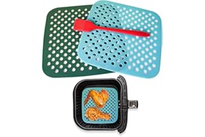 N NUEVAS IDEAS Alfombrilla silicona freidora aire - Accesorios freidora de aire - Protector freidora aire - 2 piezas cuadradas de 21cm x 21cm Antiadherentes y reutilizables (Kit alfombrillas + pincel)