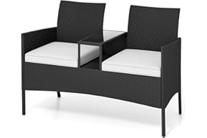 CASART 2 Seater Rattan Loveseat Chair, Outdoor Steel Frame Furniture Set with Removable Cushions and Wooden/Glass Table, Garden Wicker Conversation Set for Patio Lawn Backyard (White)