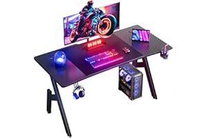 HLFURNIEU Mesa Gaming 120 x 60 cm, Escritorio Gaming Ergonómica, Mesa Gamer de Fibra de Carbono, Mesa para Ordenador con Portavasos y Gancho para Auriculares, Negro