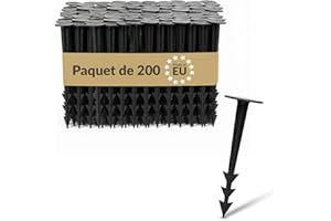 BAKOKI Lot de 200 piquets d'ancrage en plastique - Résistants aux UV - Construction nervurée et ardillon - Tête large - Idéal pour toile anti-mauvaises herbes, géotextile, paillis, pelouse