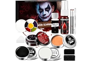 LUNARECLIPSE Face Paint Halloween Makeup Kit - White Black Face Painting Kit Kids Adults with Fake Blood, Scar Wax Sfx Makeup, 6 Color Facepaints For Zombie Vampire Skeleton Joker Clown Body Paint