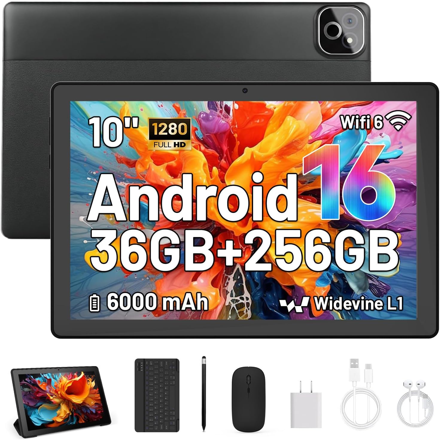 MUISOO Tablet de 10 Pulgadas, Android 16 Tablet con Teclado, Octa Core, 36GB RAM 256GB ROM (1TB TF Expand) Cámara 5MP + 8MP 6000mAh Tablets de PC Touch Pad con Stylus Ratón Auricular y Caja (Negro)