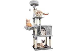 Nobleza - Árbol para Gatos， Altura 148 cm， con 9 Postes Rascadores， 4 Plataformas， 1 Cueva，1 Hamacas， Pompón， Cuerda de sisal， Tela de Felpa， Rascador Multinivel para Gatos Grandes， Gris
