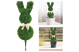 SZXLSP Bunny Topiary, Künstlicher Buchsbaum Hase Gartenstecker, Grün mit Schleife, Osterdekoration für Draußen Drinnen, Gartendekoration, Ostern Deko (35.5inch-B (90CM))