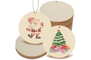 CUWELT 48Pcs 10cm Large Wooden Circles with Drilled Holes, 4 inch Unfinished Wooden Discs with Jute Twine for Crafts, Blank Wood Slices Round, Natural Wood Log for Gift Tag DIY Ornament