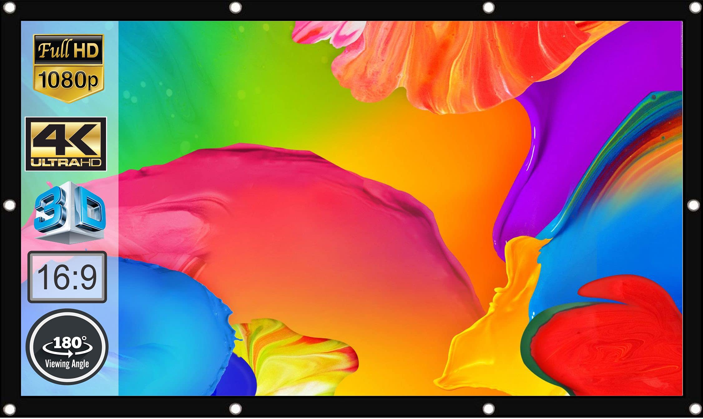 Inlight 16:9 Aspect Ratio,100 Inches Diagonal, 87x49 Inches,1.2 Gain, Black Coated from Back Side,Supports UHD-3D-4K-8K Technology Universal Eyelets Type Foldable Anti Crease Projector Screen(White)