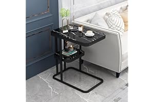 COZYKIMO Stolik pomocniczy w kształcie litery C, wąski stolik kawowy z 2 półkami, marmurowy wygląd, metalowy stelaż, mały stolik kawowy, skandynawski styl do salonu, sypialni i laptopa (czarny)