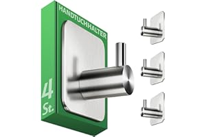 Menz Handtuchhaken ohne Bohren, 4er Pack – Extra starke Handtuchhalter ohne Bohren, Klebehaken Edelstahl, Haken selbstklebend mit wasserfesten Klebepads, Badezimmer Handtuchhalter, Fb. Silber