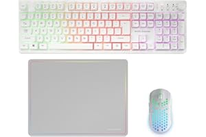 Mars Gaming MCPWX, Combo Gaming sans Fil, Technologie DualPro Link 2.4GPRO, Clavier Complet FRGB avec Contrôle Multimédia + Souris RGB 3200DPI + Tapis Antidérapant 360x260mm, Blanc, Anglais US
