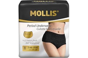 MOLLIS Bragas Menstruales Desechables para la Regla Mujer Postparto Ropa Interior Antifugas Flujo Abundante Negro Talla S/M 8 Unidades