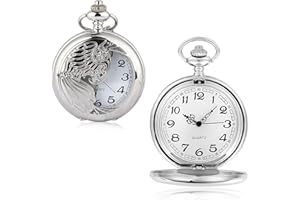 QttvbTna Classical Quartz Pocket Watch, Classical Sculptured Fob Pocket Watch, Numerals Antique Silver with Chain, Men Women Pocket Watches Pendant Gift for Birthday Anniversary Day Fathers Day