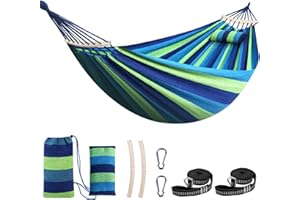 Chihee Bawełniany hamak, duży, miękki, oddychający hamak kempingowy, nośność do 299 kg, przenośny hamak na drzewo, z odpinaną poduszką z drążkiem, 2 mocne taśmy, 2 karabińczyki, patio, ogród,