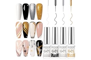 MIZHSE Gel Liner Nail Art zestaw 4 kolorów czarny i biały zestaw startowy Colours Line lakier do paznokci żel do stylizacji paznokci, wbudowany cienki pędzel UV/LED