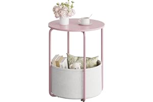 WLIVE Side Table, Round End Table with Fabric Storage Basket, Small Coffee Table, Sofa Table for Living Room, Bedside Table with Metal Frame for Bedroom, Nursery, Easy Assembly, Pink