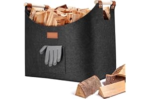 Moollyfox Cesta de Madera para Leña Grande de 57 Litros - Bolsa Estable con Asas Plegables - Cesta de Fieltro Extragrueso para Compras, Madera, Periódico (45 x 32 x 40 cm)