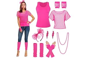 BITOYO Disfraz Años 80 Mujer, Camiseta Rejilla, Chaleco, Diadema, Guantes de Malla, Calentadores de Piernas, Halskette, Ohrring, Disfraz años 80 Ropa Accesorios para Carnaval Fiestas Neon