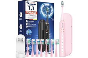 YTEATH PRO Spazzolino Elettrico Sonico per Adulti Bambini - Spazzolino Denti Sonico Bambini con 8 Testine e Custodia da Viaggio, 5 Modalità, Impermeabile IPX7, Spazzolino Elettrico Bambini 6-12 Anni, Rosa