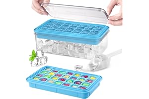 LONGZON Mini Ice Cube Tray with Lid and Bin, 56 Pcs Ice Cube Trays for Freezer, Ice Cube Mold, Ice Molds Spill-Resistant Removable Lid & Ice Scoop, Ice Mold for Whiskey Cocktail, Tea, Coffee -Blue