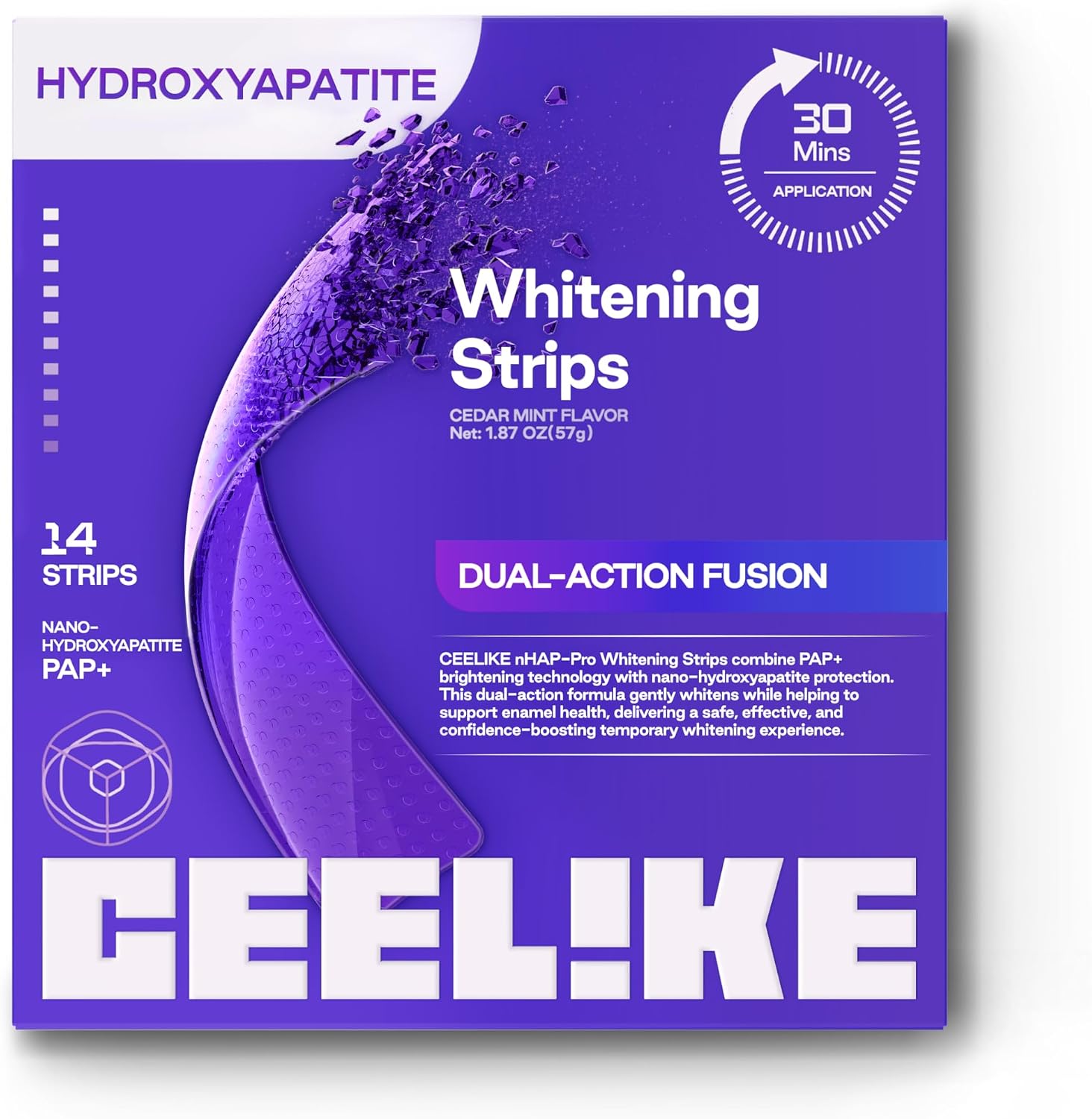 CEELIKE Tiras blanqueadoras moradas para dientes - Fórmula con PAP + nHAP - Tecnología correctora de color violeta - 14 tiras (7 usos) - Aptas para dientes sensibles