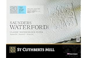 SAUNDERS WATER FORD SERIES ST CUTHBERTS MILL Saunders Waterford, Papel de acuarela para bellas artes, Duro, 300gsm, Bloc pegado por los 4 lados, 16x12, Blanco, 20 hojas