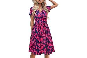 STYLEWORD Women's Summer Dress Short Sleeve V-Neck Sundress Floral Wrap Waist Casual Dress with Pockets