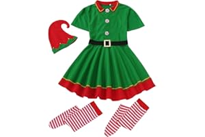 GENERIC Elf Costume Christmas Elfs Cosplay Costume Full Set for Girls Boys Men Women Christmas Fancy Dress Party Short Sleeve Santa Dress+ Pants+Leg Warmer+Hat+ Belt Xmas Santas Festive Outfit