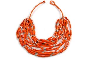 Avalaya Statement Multistrand Wood Bead Cotton Cord Bib Style Necklace In Orange - 64cm Long