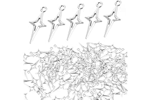 Teaaha 120 Pcs Silver Star Charms for Jewelry Making, Hollow Four-Pointed Star Pendants for DIY Craft Bracelet Earrings Necklace Pendant Aesthetic Charm Connectors