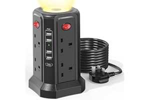 STGAROT Tower Extension Lead with USB Slots 3M, 20W Fast Charger with Night Light, (13A 3250W)5 USB Ports & 8 Way, Surge Protected Extension Lead with 4 Independent Switch, Extension Cable for Home Office