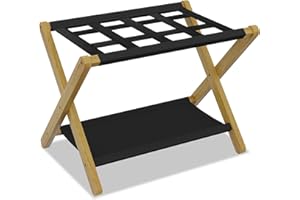 Heybly Luggage Rack, Folding Suitcase Stand with Storage Shelf, Heavy-Duty Luggage Holder for Guest Room Bedroom Hotel, Holds up to 131 lb, Natural, HLR010N1