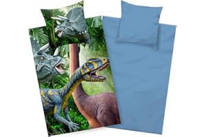 ‎AMINATA KIDS Aminata kids Dino Bettwäsche 135x200 Kinder-Bettwäsche Dinosaurier-Motiv Baumwolle Jungen mit Reißverschluss blau bunt weich