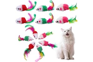 GTZIQA 12 Pcs Cat Mouse Toys, Interactive Kitten Toys with Feather Tails, Realistic Furry Plush Cat Mice Feather Toy, Small Mouse Kitten Interactive Play Toy for Indoor Cats and Kittens (Color Random)