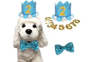 Elionless Dog Birthday Hat, Pet Cat Dog Birthday Crown Hat and Bowtie with 0-9 Figures Charms Party Accessories for Small Medium Puppy Kitten (BLUE)