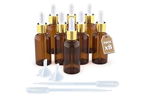 LG Luxury & Grace Lot de 8 Bouteilles Compte-Gouttes, 30 ml. Compte-Gouttes en Verre Ambré. Bouchon à Vis or et Pipette en Verre Blanc. Flacons Rechargeable: Aromathérapie, Huile, Laboratoire.