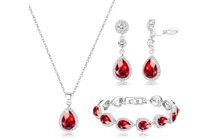 MILACOLATO Bridal Jewelry Set Wedding Crystal Necklace Bracelet Clip On Earrings Set Red Blue Rhinestone Pendant Teardrop Dangle Clip On Earrings Prom Bridal Party Bridesmaid Jewelry Set for Women