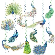 Decorazioni del partito del pavone colorato Forniture del partito del pavone Zoo Bird Tema Decorazioni del partito con pavone felice compleanno Banner Hanging Swirls Torta Cupcake Toppers Palloncini
