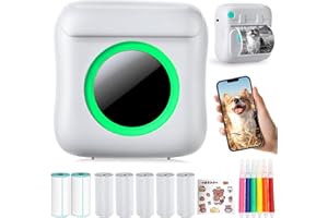 LIEBERWELL Mini Drucker Tragbar für Smartphone, Kabelloser Thermodrucker Fotodrucker mit 7 Rollen Papier, Tintenloser Taschendrucker Bluetooth Smart Drucker für Bild, Quittungsetikett, Notiz, QR Code Drucken
