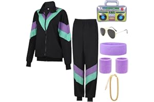 ATOWORLD 1980s 80s Fancy Dress Men Shell Suit 80s 90s Fancy Dress Costumes for Men Women Adult Retro Rave Scouser Stag Do Outfit 80s Costume Dress up Men 80s Tracksuit Black Jackets Pants Accessories