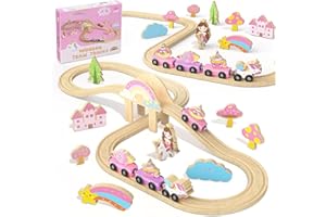 HOT BEE Wooden Train Set, Toddler Girls Toys for 3 4 5 6 Year Old, Unicorn Toys Train Track Gifts for Kids Age 3-6