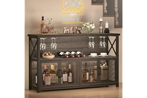 LVB Wine Bar Cabinet, Industrial Coffee Bar Cabinet for liquor and glasses, Modern Sideboard Buffet with Storage Rack, Rustic Liquor Home Bar for Kitchen Dining Living Room, Dark Gray Oak, 120cm