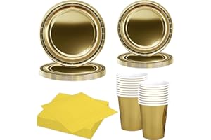 MORAINJAY Set di 68 Pezzi di Stoviglie Oro per Feste, Piatti di Carta, Bicchieri, Tovaglioli, Stoviglie per Compleanni, Matrimoni, Baby Shower, Lauree, Anniversari, Set per 16 Ospiti