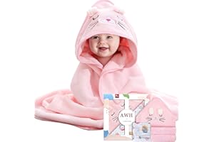 ZXK CO Hooded Baby Bath Towel, Absorbent Baby Towel with Cat Hood, Flannels Baby Blanket Set with Baby Muslin Squares, New Born Baby Essentials, Personalised Baby Gifts for Newborn（Pink）