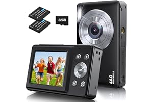 AMDEURDI Aparat cyfrowy Kompaktowy aparat cyfrowy FHD 1080P 44MP z 16-krotnym zoomem, aparat kompaktowy z kartą 32 GB, 2 baterie cyfrowe kamery dla dzieci dorosłych początkujących czarny