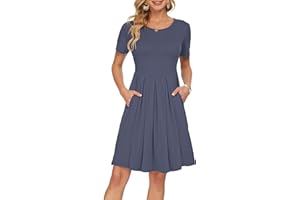 AUSELILY Damska plisowana luźna luźna sukienka z krótkim rękawem i kieszeniami do kolan