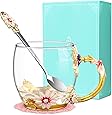 Flower Tea Cup, Wisolt Lead-Free Handmade Glass Enamel Mugs with Delicate Spoon and Gift Box, Perfect Gift for Wife, Mum, Girl, Teacher on Birthday, Valentine's Day, Mother's Day, Wedding Anniversary