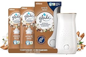 Glade Sense et Spray Diffuseur à Détection de Mouvement - Infusé Aux Huiles Essentielles - Jusqu'à 2 Mois de Parfum – Sans Parabens - Sensual Sandalwood & Jasmine - 1 Diffuseur et 3 Recharges x 18ml